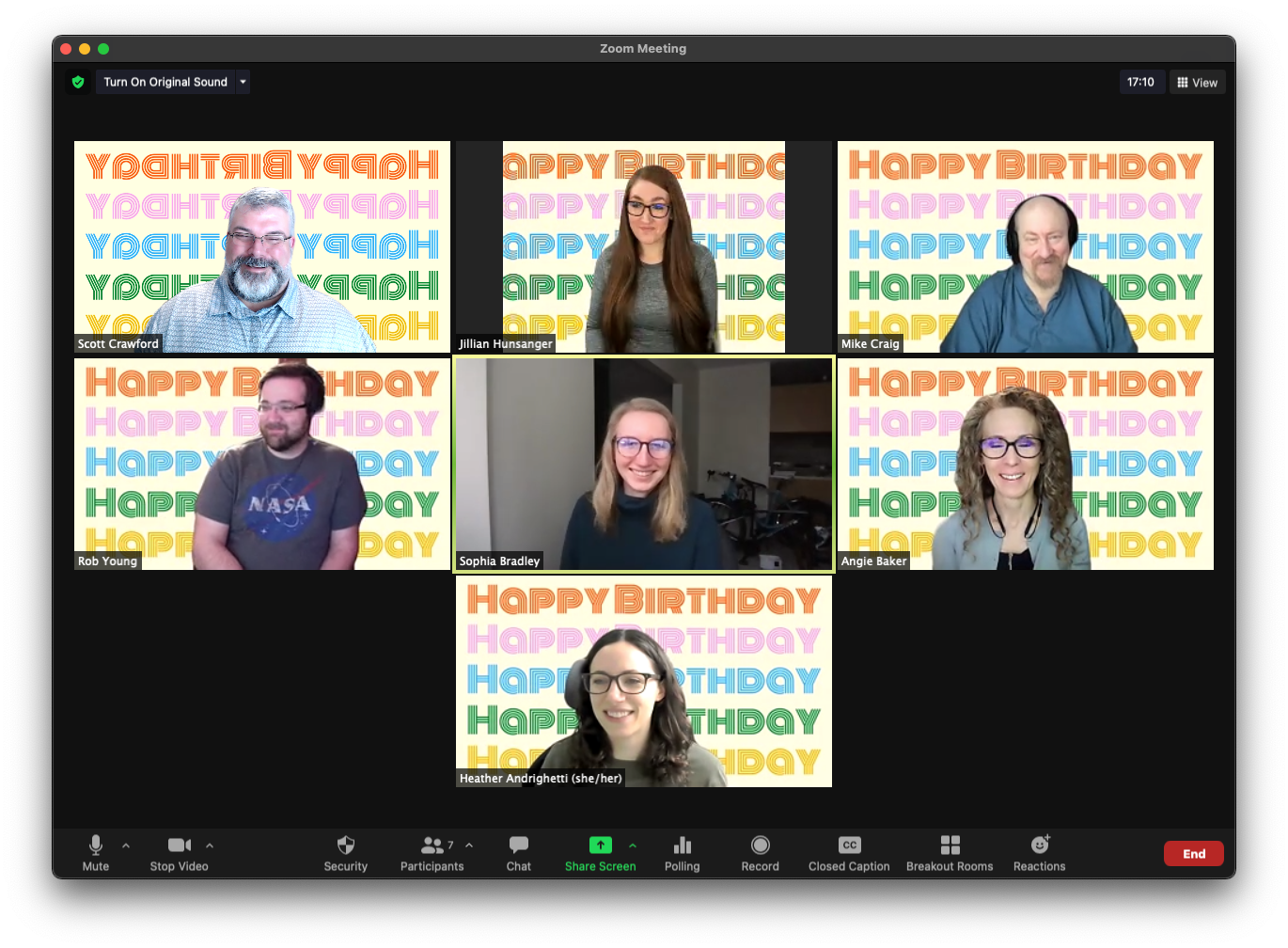 Fully remote company celebrating team birthdays over Zoom meeting