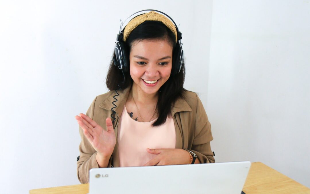 woman conducting survey using live televideo interviews